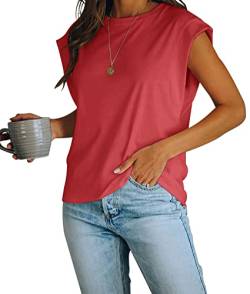 Damen Sommer Tank Top Cap Sleeve Loose Fit Rundhals T Shirts Casual Basic Tee Tops, weinrot, Klein von Fazortev