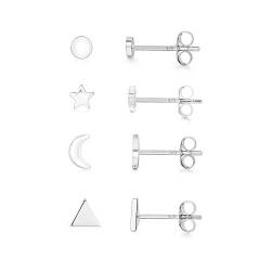 Fcebsty 4 Paar Ohrstecker aus Sterling-Silber für Mädchen, Dreieck-Mond-Stern-runde-Zirkonia Ohrstecker Set, Piercing Ohrringe für Herren Damen (3/4/5/6mm) von Fcebsty