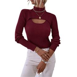 Damen 2 Stück Cutout Tops Langarm Gestrickt Gerippt Stehkragen Pullover Sweater Pullover Tops Herbst Winter Strickwaren Shirts, weinrot, S von FeMereina