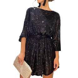 Damen Langarm Pailletten Glitzer Kleid Party Sparkle Loose Fit Shift Mini Kurzes Kleid mit Gürtel, Schwarz , Small von FeMereina