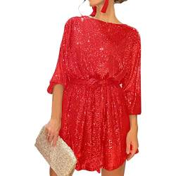 Damen Langarm Pailletten Glitzer Kleid Party Sparkle Loose Fit Shift Mini Kurzes Kleid mit Gürtel, rot, Medium von FeMereina