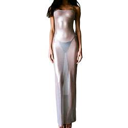 Damen-Maxikleid mit transparenten Spaghetti-Trägern, ärmellos, schmale Passform, durchscheinendes Netzgewebe, langes Kleid, Bikini-Überzug, Strand-Badeanzug, silber, Medium von FeMereina