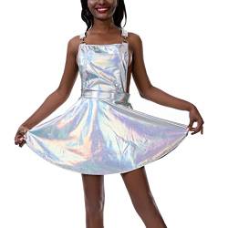 Damen Metallic Ärmellos Hohe Taille Holographisches Partykleid Glänzend Metallic Skater Minikleid Festival Rave Outfits, B, L von FeMereina