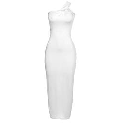 Damen One Shoulder Cutout Gerafft Bodycon Kleid Ärmellos Rückenfrei Solid Slim Maxikleid Cocktail Party Hochzeit Kleider, weiß, Medium von FeMereina