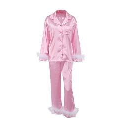 Damen-Pyjama-Set mit Federn, Seide, Satin, Nachtwäsche, langärmelig, Knopfleiste, Hemd, lange Hose, Nachtwäsche, lose Longewear, rose, 38 von FeMereina