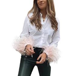 Damen Sexy Langarm Tie Up Crop Top Feder Trim Tiefer V Ausschnitt Basic Enges Shirt Faux Fur Bluse, Z1, Small von FeMereina