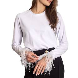 Damen Sexy Langarm Tie Up Crop Top Feder Trim Tiefer V Ausschnitt Basic Enges Shirt Faux Fur Bluse, Z3, Large von FeMereina