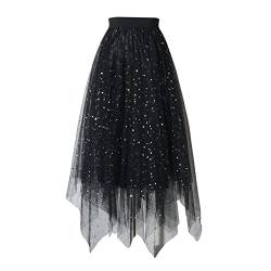 Damen Tutu Rock Tüll Mesh Layered Midi Rock Glänzend Stern Pailletten Elastisches Mesh Prinzessin Rock A-Linie Fee Abschlussball Party Streetwear, Schwarz , Einheitsgröße von FeMereina