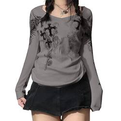 Damen Y2K Langarm Top Tee Sexy Gothic Cross Wings Print Patchwork V Ausschnitt Basic Slim Fit Bluse Tops Vintage Fairy Grunge Streewear, a, M von FeMereina