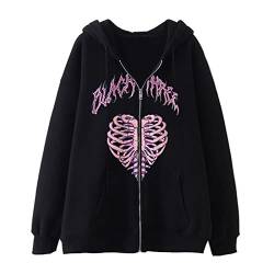 Damen Y2k Zip Up Hoodies Langarm Grafik Star Print Kapuzenjacke Oversized Goth Harajuku Sweatshirt Punk Grunge Streetwear, Schwarz Herz, 38 von FeMereina