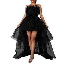 Damen gestuftes Hoch Niedrig Abschlussballkleid Schleife Schärpe Tüll Homecoming Festzug Kleider Schulterfrei Rüschen Tutu Lang Puffy Gown, Schwarz , X-Large von FeMereina