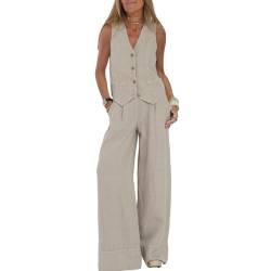 FeMereina 2-teiliges Damen-Outfits, Leinen, passende Sets, Trainingsanzug, Knopf, Tank-Tops und Hose mit weitem Bein, Set, Business, Arbeit, Streetwear, beige, 36 von FeMereina