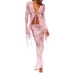 FeMereina Damen 2 Stück Kleid Outfit Langarm Schnürung vorne Sheer Mesh Cardigan Tops Bodycon Maxi Lange Röcke Streetwear, rose, 36 von FeMereina