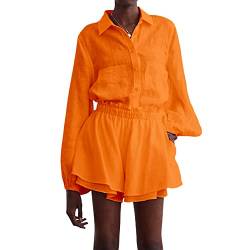 FeMereina Damen 2-teiliges Freizeit-Trainingsanzug-Outfit-Sets, gestreift, langärmelig, Baumwoll-Leinen-Hemd, lose hohe Taille, Mini-Shorts-Set, Orange, 36 von FeMereina