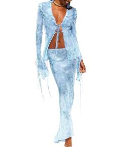 FeMereina Damen 2-teiliges Kleid Outfit Langarm Tie up Front Sheer Mesh Cardigan Tops Bodycon Maxi Lange Röcke Streetwear, blau, 36 von FeMereina