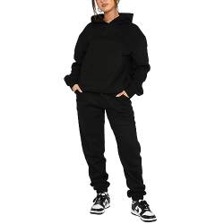 FeMereina Damen 2-teiliges Outfit Hoodie Sweatshirt Trainingsanzug & Oversized Jogger Sweatpants Y2K Sweatsuit Set, Schwarz , 42 von FeMereina