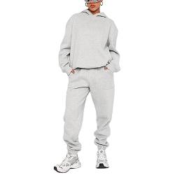 FeMereina Damen 2-teiliges Outfit Hoodie Sweatshirt Trainingsanzug & Oversized Jogger Sweatpants Y2K Sweatsuit Set, hellgrau, 38 von FeMereina