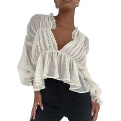 FeMereina Damen-Bluse mit V-Ausschnitt, langärmelig, durchsichtig, Netzstoff, Laternenärmel, lässige Rüschen, durchsichtige Hemden für Damen, elfenbeinfarben, Small von FeMereina