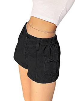 FeMereina Damen-Cargo-Shorts, einfarbig, Vintage, elastisch, lässig, figurbetont, Y2K, niedrige Taille, Denim-Shorts mit Taschen, Streetwear, blau, S von FeMereina