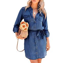 FeMereina Damen Langarm Bluse Jeankleid Denim Hemdkleider Button Down Chambray Taille Krawatten Tunika Minikleid mit Taschen, dunkelblau, Medium von FeMereina