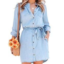 FeMereina Damen Langarm Bluse Jeankleid Denim Hemdkleider Button Down Chambray Taille Krawatten Tunika Minikleid mit Taschen, hellblau, L von FeMereina