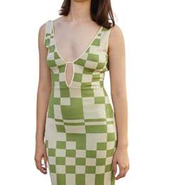 FeMereina Frauen Neckholder Bodycon Strickkleid Rückenfrei Ärmellos Plaid Print Minikleid Y2K Vintage Strand Tank Kleid Streetwear Gr. Small, grün von FeMereina