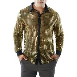FeMereina Herren Kleid Shirt Pailletten Langarm Button Down Shirt Luxus Disco Party Nachtclub Weihnachten Abschlussball Kostüm, goldfarben, XXL von FeMereina