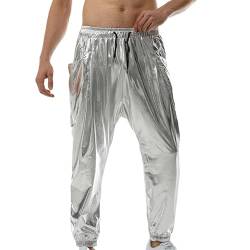 FeMereina Herren Metallic Disco Hose 70er/80er Jahre Pailletten Hose Kordelzug Taille Party Club Pants Rave Shiny Jogger, silber, L von FeMereina