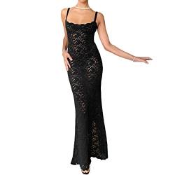 FeMereina Langes Damenkleid mit floraler Spitze, ärmellos, Netzstoff, durchsichtig, geteilter Saum, Cocktail-Partykleid, Spaghettiträger, Spitze, Cami-Kleid, Schwarz , Medium von FeMereina