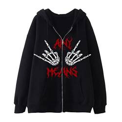 FeMereina Strass-Grafik-Kapuzenpullover mit Reißverschluss für Damen, übergroß, Y2k-Skelettdruck, Sweatshirt, Gothic, Harajuku, Jacke, PunkGrunge, Pullover, Streetwear, Schwarzer Handknochen #2, 46 von FeMereina