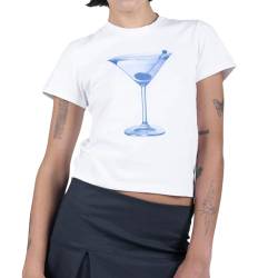 FeMereina Y2K Damen-T-Shirt mit Schleife, kurzärmelig, bauchfreies Top, Rundhalsausschnitt, schmale Passform, niedliches Feen-T-Shirt, blau, Small von FeMereina