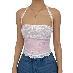 FeMereina Y2K Damen Y2K Spitze Cami Crop Top Y2k trägerloses Schlauchoberteil ärmellos rückenfrei schulterfrei bauchfrei Tank Tops Camisole Vintage Streetwear, weiß, M von FeMereina