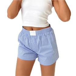 FeMereina Y2K Lounge-Shorts für Damen, elastische Taille, weites Bein, Gingham-Boxer-Pyjama-Shorts, Baggy, gestreift, Freizeit-Shorts, Pyjamahose, blau, Medium von FeMereina