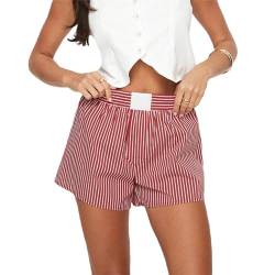 FeMereina Y2K Lounge-Shorts für Damen, elastische Taille, weites Bein, Gingham-Boxer-Pyjama-Shorts, Baggy, gestreift, Freizeit-Shorts, Pyjamahose, rot, S von FeMereina