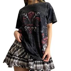 Frauen Gothic T-Shirts Vintage Schädel Druck Kurzarm Lose Shirts Y2k Fairy Grunge Shirts Ästhetische übergroße Baggy Tees, Roter Druck, M von FeMereina