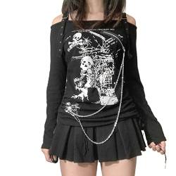 Gothic-Shirt für Damen, langärmelig, Vintage-Kreuzdruck, bauchfreies Top, Rundhalsausschnitt, ästhetisch, schmal, bauchfrei, T-Shirt, Grunge-Kleidung, Schwarz , Small von FeMereina