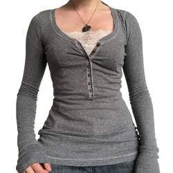 Langärmeliges Henley-Top für Damen, lässig, Knopfleiste, Tunika, Bluse, gerippt, schmale Passform, Y2K-Spitze, Patchwork-Pullover, a, Small von FeMereina