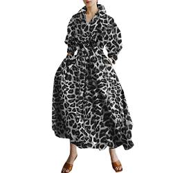 Maxi-Hemdkleid für Damen, lange Ärmel, Knopf, gesmokte Taille, langes Kleid, lockeres Swing-Partykleid mit Taschen, Schwarz Leopard, XXX-Large von FeMereina