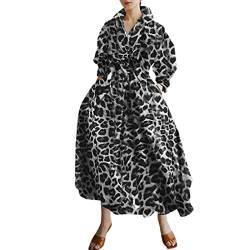 Maxi-Hemdkleid für Damen, lange Ärmel, Knopf, gesmokte Taille, langes Kleid, lockeres Swing-Partykleid mit Taschen, Schwarz Leopard, XXXXXL von FeMereina