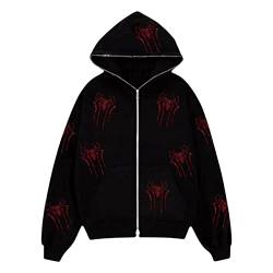 Rhinestone Graphic Zip Up Hoodies for Women Oversized Y2k Skeleton Print Sweatshirt Goth Harajuku Jacket PunkGrunge Pullover Streetwear, Schwarze, rote Spinne, 36 von FeMereina