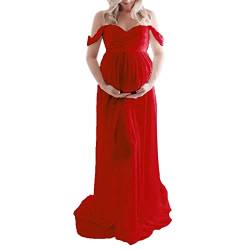 Umstandskleid für Fotografie, einfarbig, schulterfrei, Chiffonkleid, vorne geteilt, lange Schwangerschaftskleider für Fotoshootings, rot, Medium von FeMereina