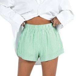 Y2K Damen-Shorts, gestreift, elastisch, hohe Taille, weites Bein, kurze Hose, ästhetische Lounge-Hose, Baggy-Pyjama-Shorts, Boxershorts, Nachtwäsche, grün, S von FeMereina
