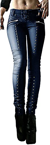 Damen-Leggings aus Kunstleder, Gothic-/Punk-/Skinny-Hose, aus PU-Leder, mittelhoch, mit Nieten besetzt, enge Hose, blau, XX-Large von Febriajuce