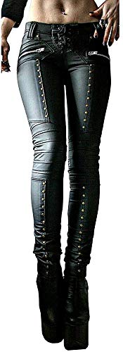 Damen-Leggings aus Kunstleder, Gothic-/Punk-/Skinny-Hose, aus PU-Leder, mittelhoch, mit Nieten besetzt, enge Hose, schwarz, Groß von Febriajuce