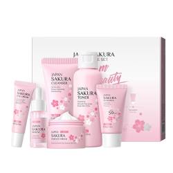 Gesichtswasch Und Feuchtigkeitscreme Set, 6er-Pack Hautpflegeset Für Frauen Mit Sakura-Extrakt, Ölkontrolle, Schnell Einziehendes Hautpflegeset Für Alle Hauttypen von Fecfucy