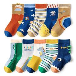 FedMois 10er Pack Kinder Socken Jungen Mädchen Strümpfe Baumwolle, Astronaut und Dinosaurier, Gr. 19-22 von FedMois