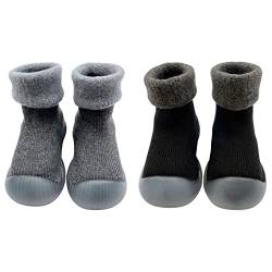 FedMois 2er Pack Baby Socken Hausschuhe Anti-Rutsch gefüttert Hüttenschuh Lauflernschuhe Winter, schwarz und grau, 2 Jahre von FedMois