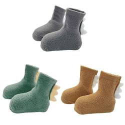 FedMois 3 Paar Baby Kleinkinder Wintersocken ​mit ABS Dinosaurier Jungen Mädchen dicke Thermosocken Stoppersocken, Braun, Grau und Grün, 1-3 Jahre von FedMois