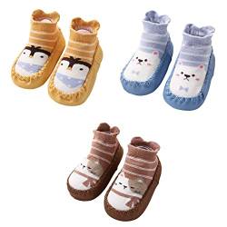 FedMois 3er Pack Baby Socken Hausschuhe Anti-Rutsch Krabbelschuhe Lauflernschuhe, Gelb, Blau und Braun, 12-18 Monate von FedMois