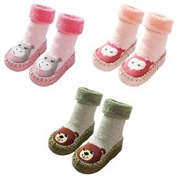 FedMois 3er Pack Baby Socken Hausschuhe Anti-Rutsch gefüttert Hüttenschuh Lauflernschuhe Winter, Bär, Eule und Nilpferd, Gr. 17 von FedMois